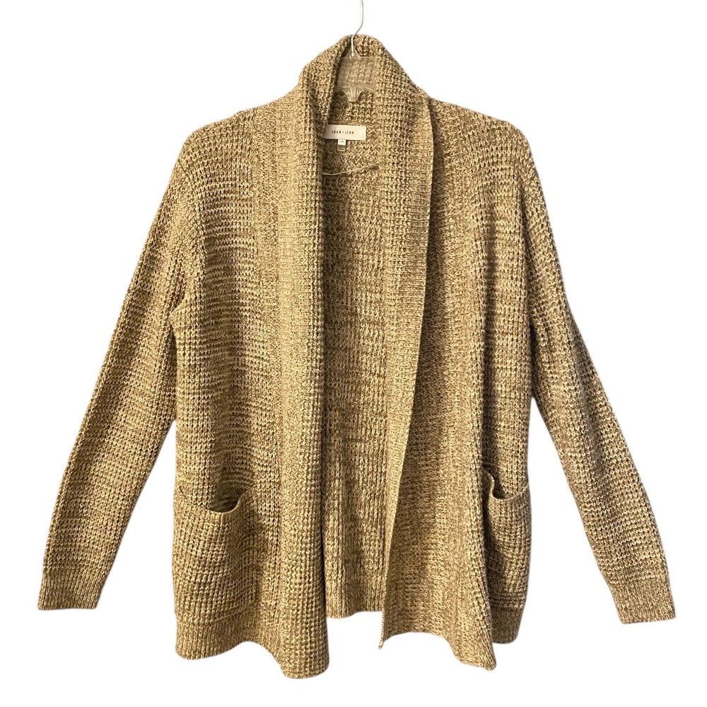 JOHN + JENN Women's Cardigan Sweater L/G Tan Marled‎ Knit Open Front